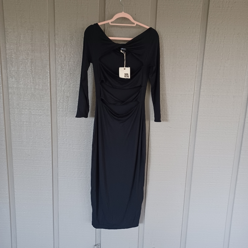 SER.O.YA Women Lotus Midi Dress Size L Black Cutout Twist Jersey Long Sleeve - Picture 2 of 16
